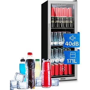 KLARSTEIN Beersafe XL - Refrigeratore Bevande, Frigorifero, Ripiani in Metallo, Porta a Vetro, Classe Energetica G, Libera Installazione, Frontale in Acciaio Inox, 201 L, Nero