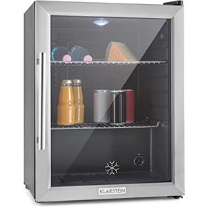 Klarstein Beersafe - Frigorifero, Mini Frigo, con Porta in Vetro, Illuminazione LED, 5 Livelli, Solo 42 dB, Acciaio Inox, 60 L, Argento