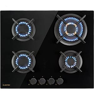 Klarstein Piano Cottura 4 Fuochi, per Fornelli a Gas, Integrato 8000W, in Vetro e Acciaio Inossidabile