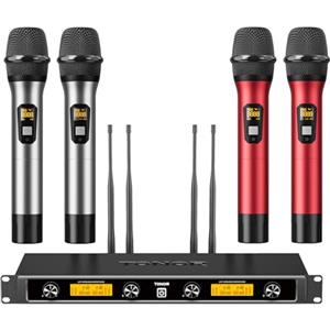 TONOR Sistema di Microfoni Senza Fili con 4x5 Canali in Metallo Senza Fili, 4 Antenne per una Portata UHF di 90m, Mic con Trasmissione del Segnale Stabile per Canto, Festa, Chiesa, Karaoke, Argento