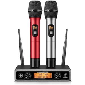 TONOR Sistema di microfono wireless professionali in metallo, senza fili microfono dinamico palmare con ricevitore, per feste a casa, riunioni, KTV, chiesa, DJ, canto, 60m, TW820, Argento e Rosso