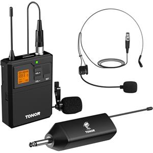 TONOR Microfono Wireless UHF con Microfono archetto/Lavalier Microphone Lapel Mic e Trasmettitore Bodypack e Mini Ricevitore Ricaricabile 1/4" Uscita, Distanza 60M Segnale stabile per Prestazioni Live