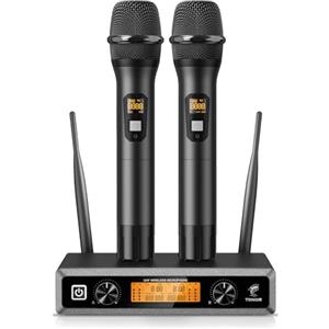 TONOR Microfono wireless UHF professionale dinamico doppio microfono senza fili, sistema di microfono a mano, set per karaoke, feste, DJ, chiesa, matrimonio, riunione, 60 metri, TW820, Nero