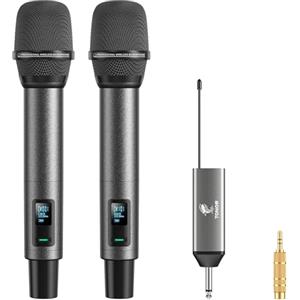 TONOR Microfono Wireless, Microfono Ricaricabile Professionale, Microfono Dinamico Cordless in Metallo 2x100 UHF per Karaoke, Chiesa, Canto, Matrimonio, Riunione, DJ, Volume Regolabile, 262ft,TW520