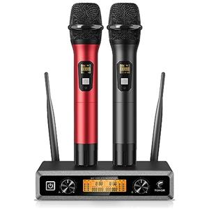 TONOR Microfono radio wireless UHF in metallo, professionale dinamico doppio microfoni senza fili, sistema mic a mano, set per karaoke, feste, DJ, chiesa, matrimonio, riunione, 60m, Nero e Rosso,TW820