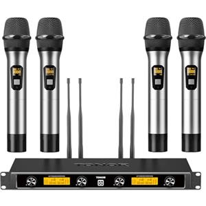 TONOR Microfono wireless UHF in metallo, 4 professionale dinamico doppio microfoni senza fili, sistema mic a mano, 4x5 Canali, per karaoke, feste, DJ, chiesa, matrimonio, 90m,Argento,TW820
