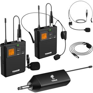 TONOR Microfono Wireless doppio UHF con Microfono archetto/Lavalier Microphone e Trasmettitore Bodypack e Mini Ricevitore Ricaricabile 1/4" Uscita, Distanza 60M Segnale stabile per Prestazioni Live
