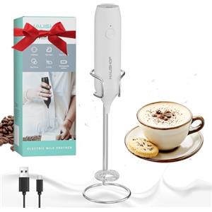 HAUSHOF Montalatte Eletrico con Supporto, Frullino Elettrico Ricaricabile in Acciaio INOX per Cappucino, Schiuma Latte Eletrico per Cappuccino, Espresso, Latte, Uova- Bianco