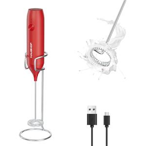 HAUSHOF Montalatte Eletrico con Supporto, Frullino Elettrico Ricaricabile in Acciaio INOX per Cappucino, Schiuma Latte Eletrico per Cappuccino, Espresso, Latte, Uova- Rosso