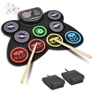 OFFCUP Batteria Elettronica Portatile, 9 Pads Electronic Drum Kit con 2 Bacchette e Pedali, con Altoparlanti Stereo, Colorat Pieghevole Roll Up Tamburo Digitale per Bambini, Adulti e Principianti