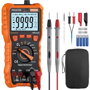 Proster Multimetro Digitale 6000 Conteggi 20A 1000V TRMS Auto Range Rilevatore NCV Misuratore di Tensione Corrente DC AC Temperatura Capacità Resistenza Diodo Tester di Continuità con una Borsa