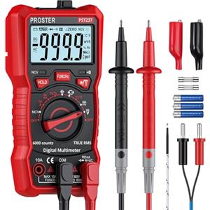 Proster Multimetro Digitale 6000 Conta 10A 600V TRMS Auto Range con Supporto Posteriore Rilevatore NCV Misuratore di Tensione Corrente DC AC Temperatura Capacità Resistenza Diodo Tester di Continuità