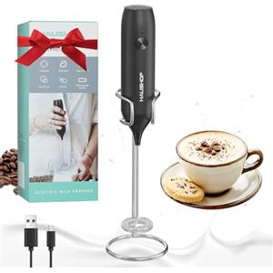 HAUSHOF Montalatte Eletrico con Supporto, Frullino Elettrico Ricaricabile in Acciaio INOX per Cappucino, Schiuma Latte Eletrico per Cappuccino, Espresso, Latte, Uova- Nero