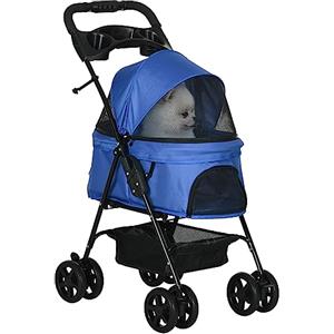 PawHut Passeggino per Cani Piccoli Pieghevole, Passeggino Leggero per Animali con Ruote Girevoli, Guinzaglio di Sicurezza e Cestino Portaoggetti, 67x45x96cm, Blu