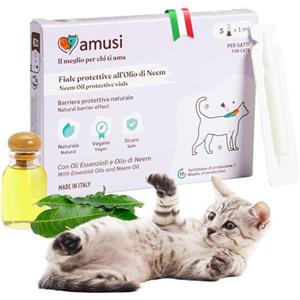 amusi Fiale Protettive Olio di Neem per Gatti - 5 Pipette Gatti da 1 ml - Antiparassitario - Antipulci Gatto Contro Zecche Pulci Zanzare Pidocchi - Lunga Durata e Protezione Effetto Scudo