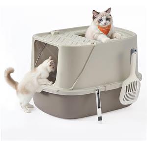 Feandrea Lettiera per Gatti XXL, Toilette per Gatti fino a 15 kg, con Coperchio, Paletta e Spazzola, Colore Avena e Grigio Caldo PPT011LH01