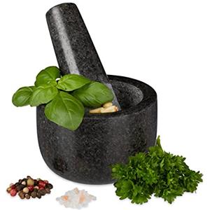 Relaxdays Mortaio & Pestello in Granito, Robusto & Resistente, Erbe Aromatiche, in Pietra Lucida, V 100ml, Ø 8,5, grigio