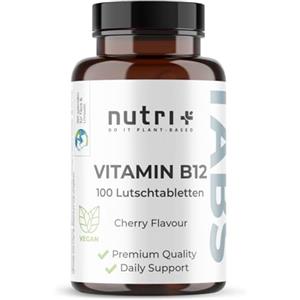 Nutri + nutri+ Vitamina B12 Compresse 500 µg (mcg) vegane + alto Dosaggio - Metilcobalamina attiva - 100 Pastiglie vegan - Scioglimento sublinguale - Gusto Ciliegia