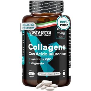 SEVENS NUTRITION Collagene marino con Acido Ialuronico Idrolizzato Puro - Integratore con Magnesio, Q10 e Vitamine A, C, D3, B12, Zinco - 120 Capsule - Pelle, Ossa e Articolazioni - Sevens