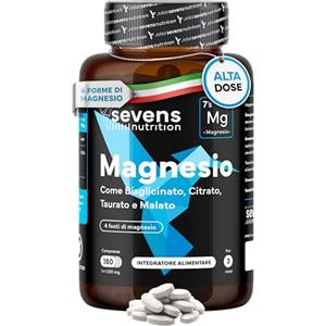 SEVENS NUTRITION Magnesio Completo Premium - 418 mg di Mg Elementare per Dose - 4 Forme di Alta Qualità: Magnesio Bisglicinato, Citrato, Malato e Taurato - Alta biodisponibilità - 180 compresse - Sevens
