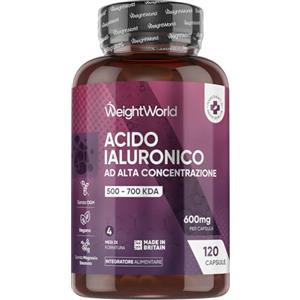 WeightWorld Acido Ialuronico Vegano da 600mg, 120 Capsule, 1 al Giorno con 500-700 kDa, (per 4 Mesi), Acido Ialuronico Integratore da Sodio Ialuronato, Hyaluronic Acid, Privo di Magnesio Stearato e Senza Glutine