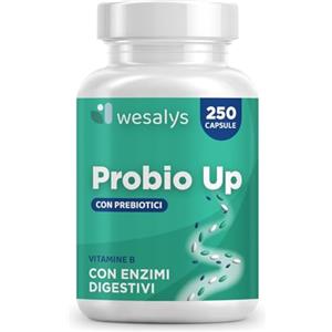 WESALYS Fermenti Lattici Probiotici - 250 Capsule - PROBIO UP, Concentrato di 20 Ceppi Batterici per Adulti, Probiotico per Intestino, Lactobacilli, Bifidobatteri, Enzimi digestivi, Inulina, FOS, 20 Miliardi