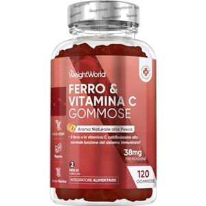 WeightWorld Integratore Ferro e Vitamina C in 120 Caramelle Gommose Vegane (Scorta 2 Mesi), 38mg di Ferro Integratore (Fumarato Ferroso) con Vitamina C (Acido L-Ascorbico), Gusto Naturale di Pesca, Senza Glutine