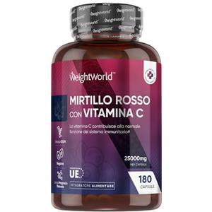 WeightWorld Mirtillo Rosso Vegano,180 Cranberry Capsule con Vit C, 6 Mesi, da 25000mg per Capsula, Cranberry Integratore Alimentare Estratto 50:1 con Vitamina C (come Acido L-Ascorbico), Senza Magnesio Stearato