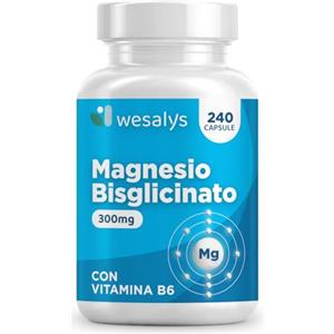 WESALYS Magnesio Bisglicinato 240 Capsule (fino a 4 mesi), 300 mg di Magnesio glicinato. Con Vitamina B6, Organico, Magnesium glycinate, Integratore Muscoli, Sistema Nervoso, Stress, Ossa. Wesalys