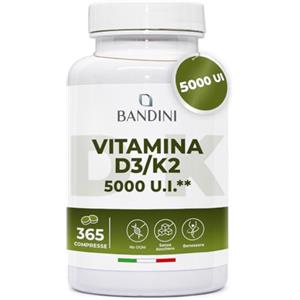 Bandini® Vitamina D3 + K2 365 compresse 5000 U.I., 30.000 UI al mese, Qualità Premium, 100mcg K2-99,7+% All-Trans K 2-MK7 + 5.000 UI di Colecaciferolo, Ossa, denti, Sistema Immunitario, 100% Vegan
