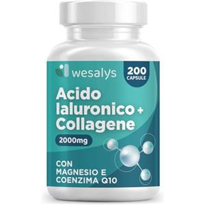 WESALYS Collagene Idrolizzato 2000mg + Acido Ialuronico 500mg - 200 Capsule, Integratore Collagene e Acido ialuronico con Vitamina C naturale, Coenzima Q10 e Zinco per Pelle, Ossa, Articolazioni e Capelli