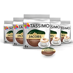 Tassimo Jacobs Cappuccino, Capsule Caffé, Caffé Tostato Macinato, Pacco da 5, 5 x 16 T-Discs