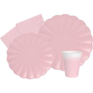 Ciao Kit Party Tavola Flower Shape per 8 persone (44 pezzi: 8 piatti Ø23cm, 8 piatti Ø18cm, 8 bicchieri 200ml, 20 tovaglioli 33x33cm) in carta compostabile eco-friendly, rosa pastello