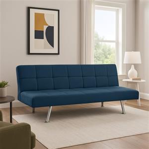 EVERGREENWEB MATERASSI & BEDS EVERGREENWEB - Divano Letto Clic Clac 3 Posti in Tessuto Imbottito colore Blu, Design Moderno, Schienale Reclinabile e Trasformabile in Comodo Letto con Materasso in Foam, Gambe Cromate, BRIGITTE