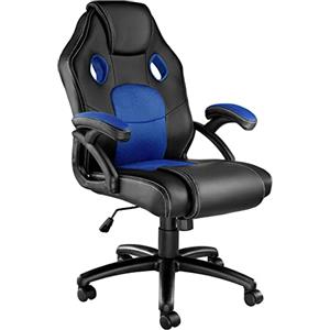 tectake® Sedia da Ufficio Ergonomica, Sedia Scrivania con Rotazione 360°, Imbottitura Confortevole, Rivestimento Similpelle, Poltrona Gaming con Altezza Regolabile, 5 Rotelle Doppie - Nero/Blu