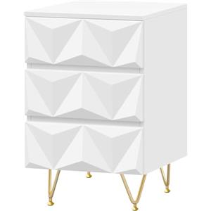 EUGAD Comodino con 3 Cassetti, Frontale in Rilievo, Tavolino Cassettiera Moderno, 40x40x62,5 cm, Mobile da Letto per Camera da Letto, Soggiorno, in Legno e Metallo, Bianco e Dorato, 0004CTG