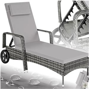 tectake® Lettino Poly Rattan Arredo Esterno Giardino, Sdraio Prendisole, Sdraio da Giardino, Terrazzo, Balcone, Sdraio piscina, Ruote Gommate, Arredo Interno Divano Sedia - Grigio/Grigio Chiaro
