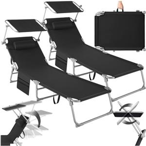 tectake® Set di 2 Sdraio, Pieghevole, 4 Posizioni, Cuscino Poggiatesta, Idrorepellente, da Giardino, Lettino Prendisole, Arredo Giardino, Terrazzo, Sdraia da Balcone, Piscina e Spiaggia - Nero