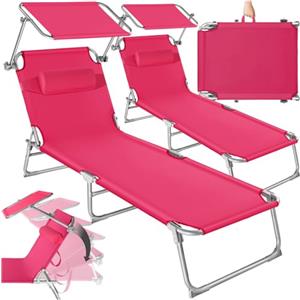 tectake® Set 2X Lettino Pieghevole, Lettini Prendisole Pieghevoli Sdraio con Parasole, Schienale Regolabile 4 Posizioni, Rivestimento Resistente, Giardino Spiaggia Lettini Prendisole Mare - Rosa