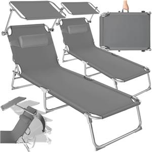 tectake® Set 2X Lettino Pieghevole, Lettini Prendisole Pieghevoli Sdraio con Parasole, Schienale Regolabile 4 Posizioni, Rivestimento Resistente, Giardino Spiaggia Lettini Prendisole Mare - Grigio