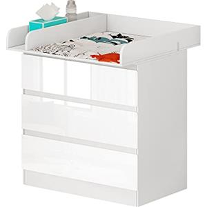 WOLTU Cassettiera con Fasciatoio per Bambini, Cassettiera a 3 Cassetti, Fasciatoio con Divisorio Rimovibile, in MDF, Truciolare e Metallo, Bianco+Bianco Lucido