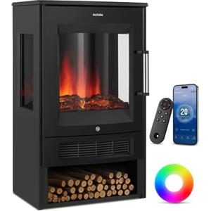 tectake® Caminetto elettrico da terra, 44 x 75 x 36 cm, Camino Elettrico Smart, 2 livelli di calore 900/1800 W, fiamma 3D, 8 colori, 5 livelli luminosità, app Tuya, telecomando, timer, Stufa Elettrica