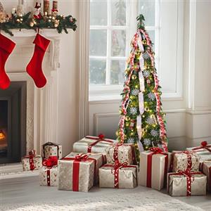 LIFERUN 120cm Albero di Natale Pop Up, Albero di Natale Artificiale con 100PCS Luci LED, 11 Modalità di Illuminazione, Albero di natale Pieghevole, Salvaspazio, con Palline di Natale, Nastri