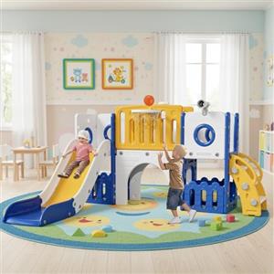 MAMIZO 9 in 1 Scivolo per Bambini, Scivolo Giocattolo da Interno o Esterno Canestri da Basket e Telescopi, Scivolo da Giardino Spazio di Deposito e Tunnel,2 anni e oltre,mit 2PCS Moduls, Giallo Blu