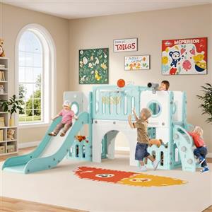 MAMIZO 9 in 1 Scivolo per Bambini, Scivolo Giocattolo da Interno o Esterno Canestri da Basket e Telescopi, Scivolo da Giardino Spazio di Deposito e Tunnel,2 anni e oltre,mit 2PCS Moduls,Verde e Bianco