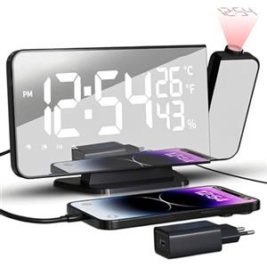 TAKRINK Sveglia con Proiettore, 7.5" Radio Sveglia Digitale da Comodino con Proiettore con Rotazione di 180 ° Luminosità Regolabile con Temperatura Umidità, Display LED Bianco