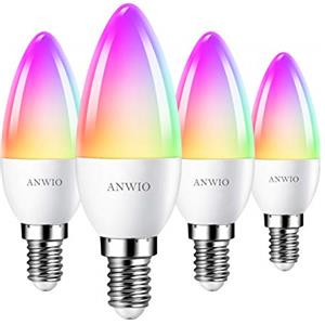 ANWIO Lampadina Alexa, Lampadina Smart,5W Equivalenti a 40W,470Lm,C37, Lampada Smart Wifi E14 con Telecomando Compatibile con Alexa, Echo and Google Assistant, RGB Intelligente Dimmerabile,4 Pcs