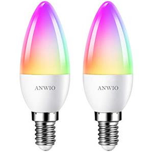 ANWIO Lampadina Alexa, Lampadina Smart,5W Equivalenti a 40W,470Lm,C37,Lampada Smart Wifi E14 con Telecomando Compatibile con Alexa, Echo and Google Assistant, RGB Intelligente Dimmerabile,2 Pcs