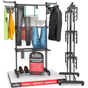VertiSlim Dry Stendibiancheria Verticale 4 Livelli Stendino Salvaspazio - Stendipanni a Torre in Acciaio Inossidabile - Richiudibile con Ruote e Ali Laterali - Colore Nero per Interno Esterno