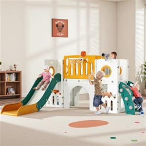 MAMIZO 9 in 1 Scivolo per Bambini, Scivolo Giocattolo da Interno o Esterno Canestri da Basket e Telescopi, Scivolo da Giardino Spazio di Deposito e Tunnel,2 anni e oltre,mit 2PCS Moduls, Giallo Verde